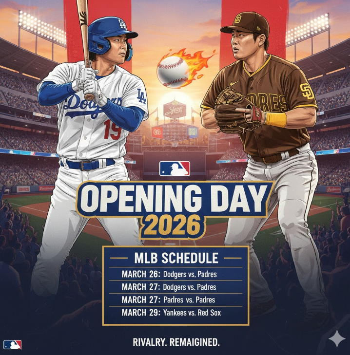 2026 MLB 개막전 포스터 - 오타니와 김하성 대결 그래픽과 일정표로 MLB 경기 일정 강조 2026 MLB 개막전 포스터 - 오타니와 김하성 대결 그래픽과 일정표로 MLB 경기 일정 강조