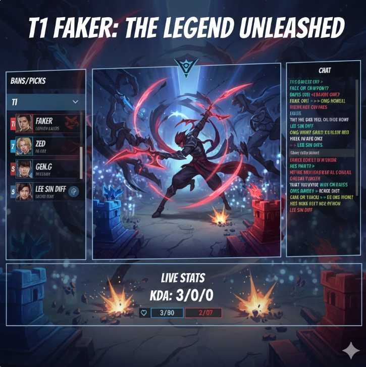 LCK 경기장 T1 페이커가 1대3 한타를 역으로 이기는 순간을 포착한 화려한 스플래시 아트 그래픽. LCK 경기장 T1 페이커가 1대3 한타를 역으로 이기는 순간을 포착한 화려한 스플래시 아트 그래픽.