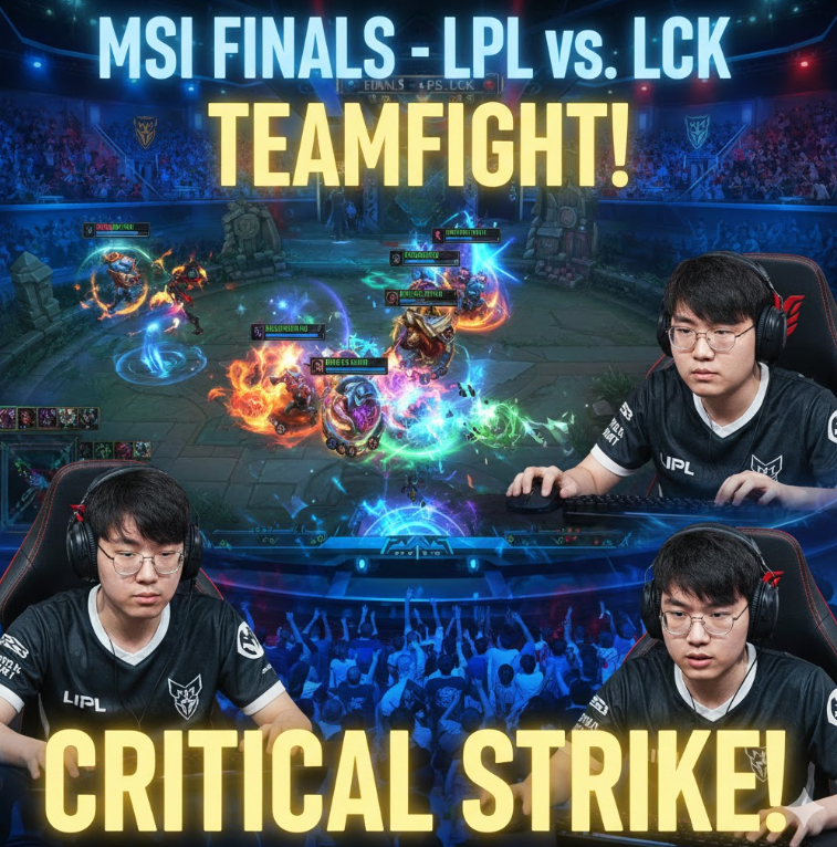 MSI 결승 무대 LPL 팀 vs LCK 팀의 한타 장면. MSI 결승 무대 LPL 팀 vs LCK 팀의 한타 장면.