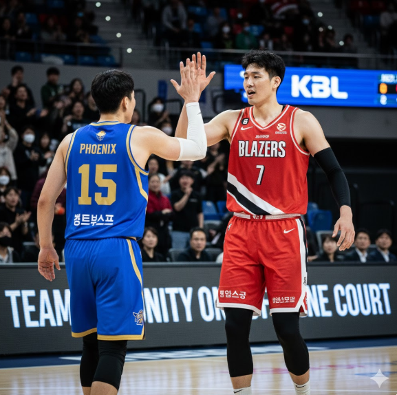 박진감 넘치는 KBL 프로농구 경기의 한 장면을 생생하게 포착하고 있습니다. 치열한 승부가 펼쳐지는 코트 위에서 서로 다른 팀의 유니폼을 입은 두 선수가 하이파이브를 나누는 모습은 단순한 경쟁을 넘어선 스포츠맨십과 화합의 가치를 보여줍니다 박진감 넘치는 KBL 프로농구 경기의 한 장면을 생생하게 포착하고 있습니다. 치열한 승부가 펼쳐지는 코트 위에서 서로 다른 팀의 유니폼을 입은 두 선수가 하이파이브를 나누는 모습은 단순한 경쟁을 넘어선 스포츠맨십과 화합의 가치를 보여줍니다