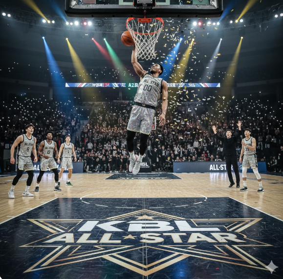 KBL 올스타전의 백미인 덩크 콘테스트 장면을 역동적으로 포착하여 프로농구 생중계의 화려한 볼거리를 상징적으로 보여줍니다. KBL 올스타전의 백미인 덩크 콘테스트 장면을 역동적으로 포착하여 프로농구 생중계의 화려한 볼거리를 상징적으로 보여줍니다.