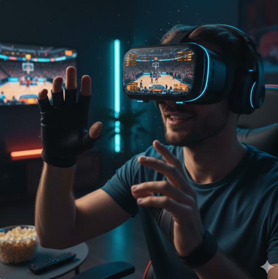 가상현실(VR) 기술을 활용한 미래형 농구 중계 시청 경험을 생동감 있게 묘사하고 있습니다. 가상현실(VR) 기술을 활용한 미래형 농구 중계 시청 경험을 생동감 있게 묘사하고 있습니다.