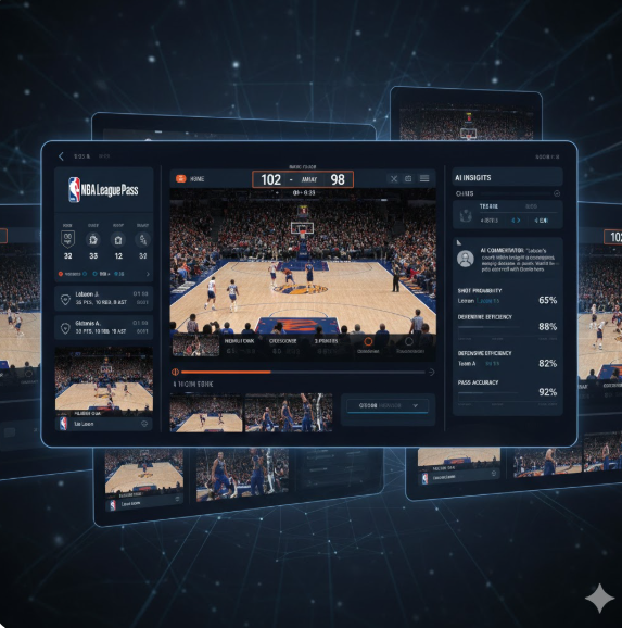 인공지능(AI) 기술과 결합하여 한층 진화한 NBA 리그 패스(League Pass)의 차세대 중계 인터페이스를 보여줍니다. 인공지능(AI) 기술과 결합하여 한층 진화한 NBA 리그 패스(League Pass)의 차세대 중계 인터페이스를 보여줍니다.