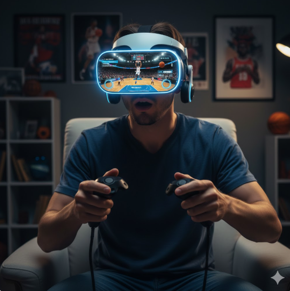 VR 헤드셋을 착용하고 경기장 한복판에 있는 듯한 생생한 현장감을 느끼는 팬의 모습을 통해, AI와 가상현실이 접목된 차세대 중계 기술의 정점을 보여줍니다. VR 헤드셋을 착용하고 경기장 한복판에 있는 듯한 생생한 현장감을 느끼는 팬의 모습을 통해, AI와 가상현실이 접목된 차세대 중계 기술의 정점을 보여줍니다.