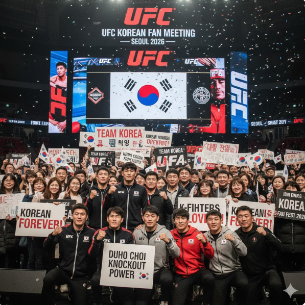 선수와 팬의 유대감: 화면 전면에는 한국 MMA의 상징인 정찬성, 최두호, 김동현을 비롯한 주요 파이터들이 팬들과 나란히 서서 밝은 표정으로 포즈를 취하고 있습니다. 이는 선수들이 팬들의 응원을 동력 삼아 옥타곤에서 싸우고 있음을 보여줍니다. 선수와 팬의 유대감: 화면 전면에는 한국 MMA의 상징인 정찬성, 최두호, 김동현을 비롯한 주요 파이터들이 팬들과 나란히 서서 밝은 표정으로 포즈를 취하고 있습니다. 이는 선수들이 팬들의 응원을 동력 삼아 옥타곤에서 싸우고 있음을 보여줍니다.