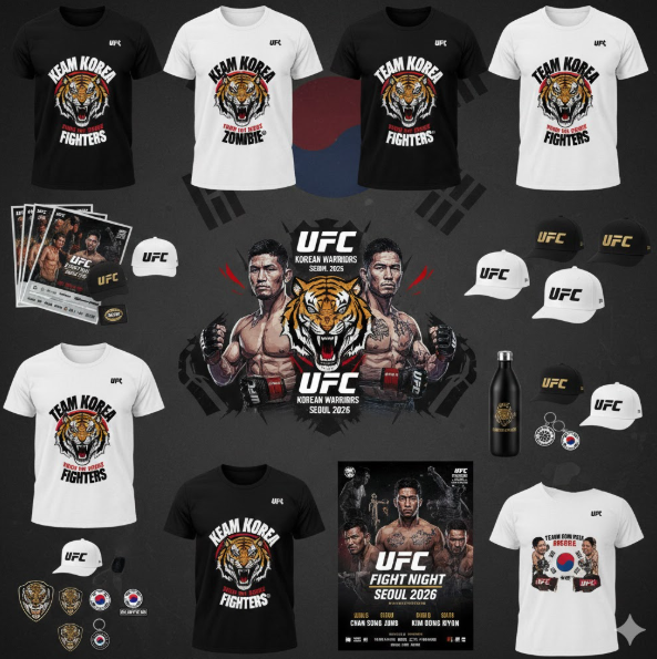 공식 포스터 및 홍보물: 하단에는 'UFC FIGHT NIGHT SEOUL 2026' 공식 포스터가 배치되어, 단순한 굿즈를 넘어 실제 경기와 연계된 비즈니스 생태계를 시각화했습니다. 공식 포스터 및 홍보물: 하단에는 'UFC FIGHT NIGHT SEOUL 2026' 공식 포스터가 배치되어, 단순한 굿즈를 넘어 실제 경기와 연계된 비즈니스 생태계를 시각화했습니다.