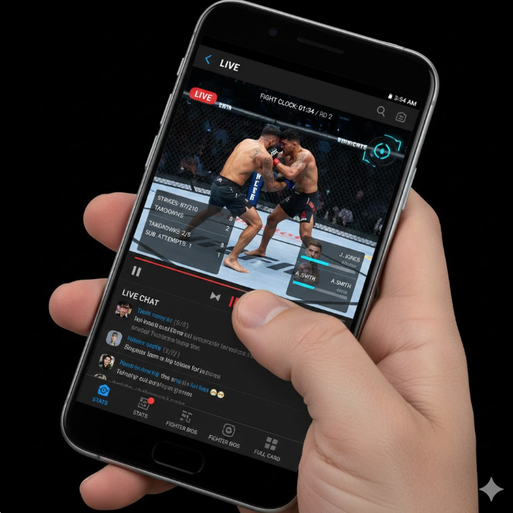 스마트폰 인터페이스 내 실시간 경기 통계(Strikes, Takedowns 등)와 라이브 채팅 기능을 직관적으로 보여줍니다 스마트폰 인터페이스 내 실시간 경기 통계(Strikes, Takedowns 등)와 라이브 채팅 기능을 직관적으로 보여줍니다