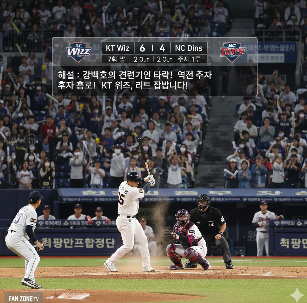 KBO 무료 중계 장면으로 강백호 타격 순간. 스코어 오버레이와 한국 경기장 분위기 역동적 이미지 KBO 무료 중계 장면으로 강백호 타격 순간. 스코어 오버레이와 한국 경기장 분위기 역동적 이미지