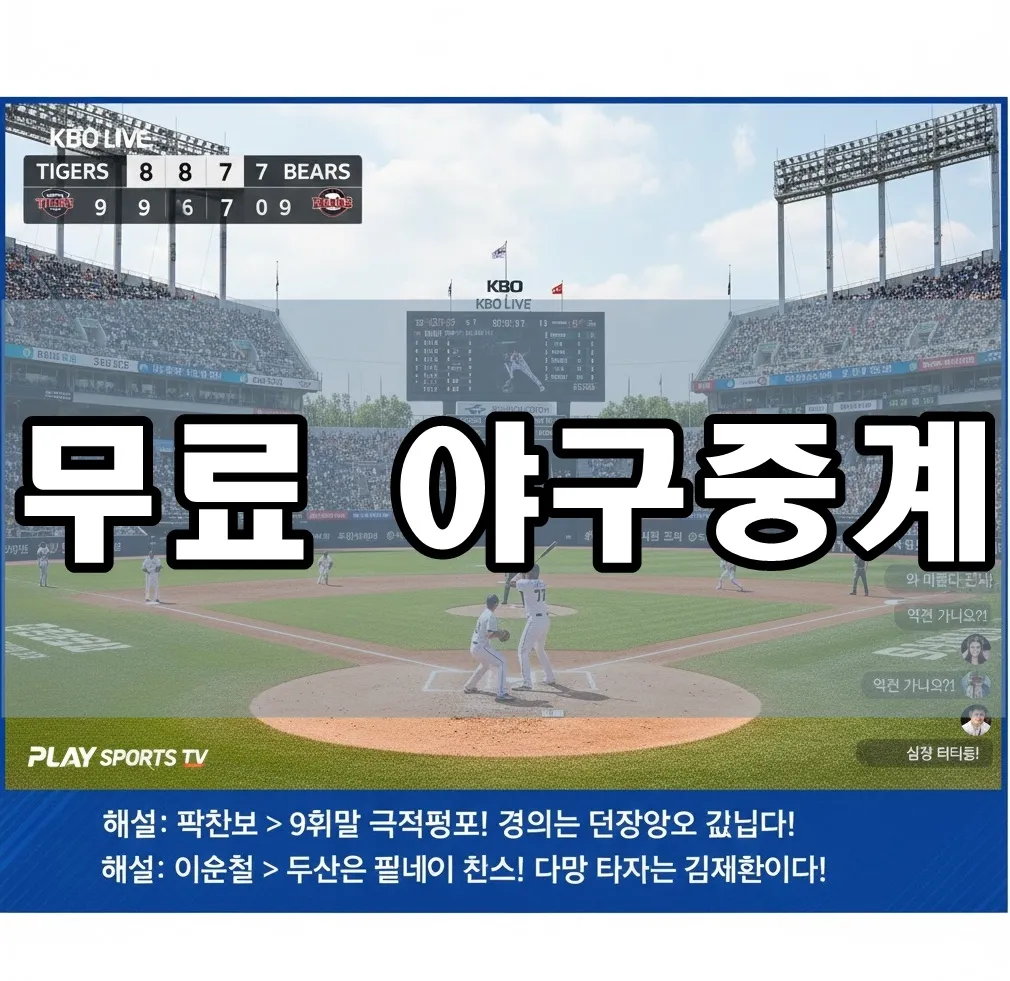 무료 야구중계 플랫폼 화면 캡처로 KBO 경기 라이브 스트리밍 장면, 스코어 보드와 해설 텍스트가 강조된 생동감 있는 이미지. 밝은 경기장 분위기와 팬 함성이 느껴지는 동적 장면 무료 야구중계 플랫폼 화면 캡처로 KBO 경기 라이브 스트리밍 장면, 스코어 보드와 해설 텍스트가 강조된 생동감 있는 이미지. 밝은 경기장 분위기와 팬 함성이 느껴지는 동적 장면