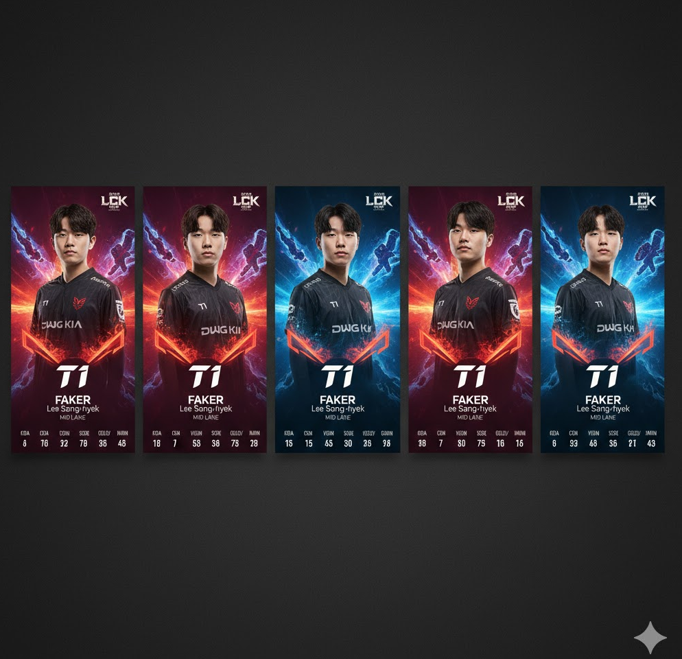  2026 LCK Cup 참가팀 로스터 카드 이미지로, 선수 사진과 포지션, 스탯이 배열된 전문적 디자인.